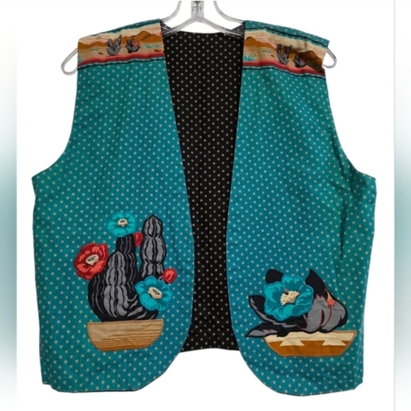 Southwestern Turquoise Vest With Cactus And Pottery Designs Size Medium/Large - Picture 5 of 5